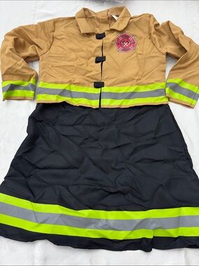 Child Firefighter Costume dress with attached Jacket in Tan, Black & Neon Yellow